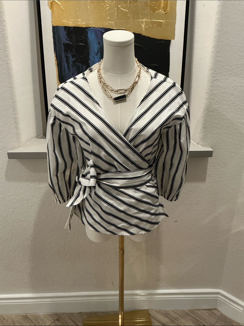 White House Black Market Black and White Striped Wrap Top
